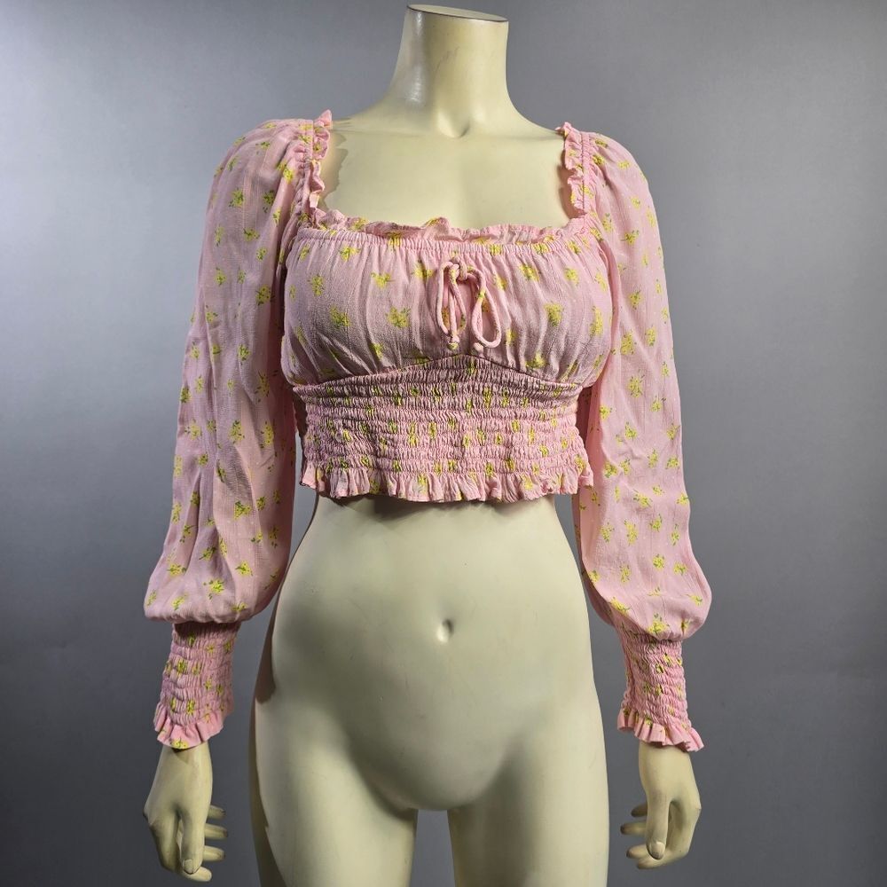 Faithfull the Brand Size 4 Pink Puff Sleeve Crop Blouse R5